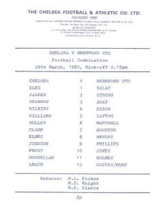 Chelsea v Hereford official programme 29/03/1980 Reserves