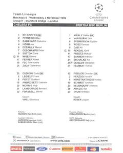 Chelsea v Hertha Berlin teamsheet 03/11/1999 Champions League