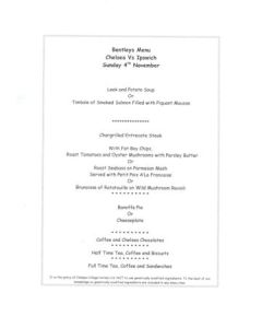 Chelsea v Ipswich Town Bentley's menu 04/11/2001