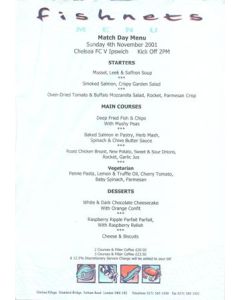 Chelsea v Ipswich Town Fishnets menu 04/11/2001