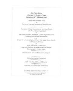 Chelsea v Ipswich Town Bentley's menu 20/01/2001