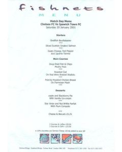 Chelsea v Ipswich Town Fishnets menu 20/01/2001