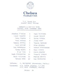 Chelsea v Ipswich Town official programme 24/11/1980 F.A. Youth Cup