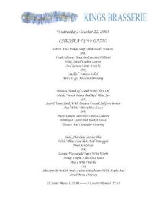 Chelsea v Lazio Kings Brasserie menu 22/10/2003