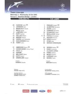 Chelsea v Lazio official colour teamsheet 22/10/2003 Champions League