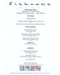 Chelsea v Leicester City Fishnets menu 13/10/2001 Premier League