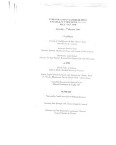 Chelsea v Leicester City King's Brasserie menu 13/10/2001 Premier League