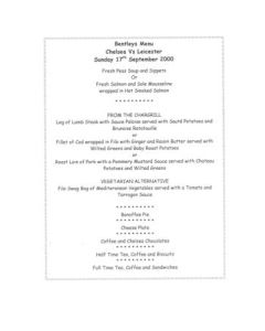 Chelsea v Leicester Bentley's menu 17/09/2000