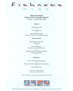 Chelsea v Leicester City Fishnets menu 17/09/2000 Premier League