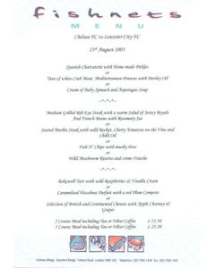 Chelsea v Leicester City Fishnets menu 23/08/2003 Premier League