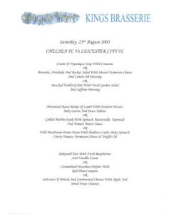 Chelsea v Leicester City King's Brasserie menu 23/08/2003 Premier League