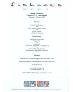 Chelsea v Liverpool Fishnets menu 01/10/2000
