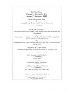 Chelsea v Manchester City Bentley's menu 03/12/2000 Premier League