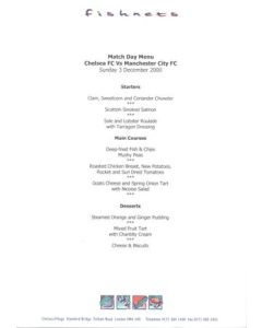 Chelsea v Manchester City Fishnets menu 03/12/2000 Premier League