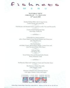 Chelsea v Manchester City Fishnets menu 22/03/2003
