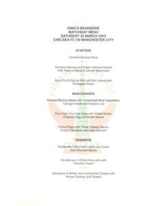 Chelsea v Manchester City King's Brasserie menu 22/03/2003