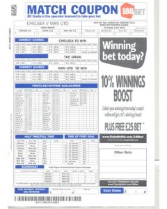 Chelsea v Manchester United betting slip 05/02/2012 Barclays Premier League