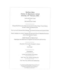 Chelsea v Manchester United Bentley's menu 10/02/2001