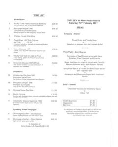 Chelsea v Manchester United menu 10/02/2001