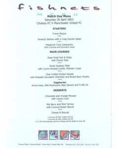 Chelsea v Manchester United Fishnets blue menu 20/04/2002