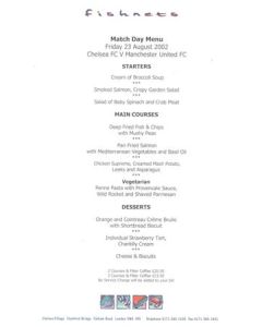 Chelsea v Manchester United Fishnets menu 23/08/2002