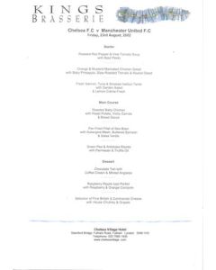 Chelsea v Manchester United Kings Brasserie menu 23/08/2002