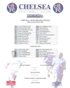 Chelsea v Manchester United official teamsheet 23/08/2002 Premier League