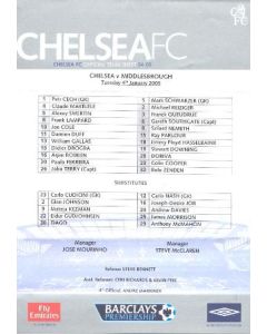 Chelsea v Middlesbrough official teamsheet 04/01/2005