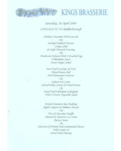 Chelsea v Middlesbrough Kings Brasserie blue menu 10/04/2004 Premier League
