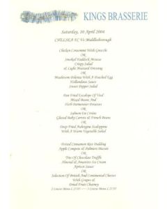Chelsea v Middlesbrough Kings Brasserie yellow menu 10/04/2004 Premier League
