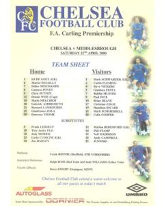 Chelsea v Middlesbrough official colour teamsheet 22/04/2000 Premier League