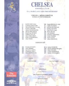 Chelsea v Middlesbrough official colour teamsheet 23/09/2001 Premier League, half price