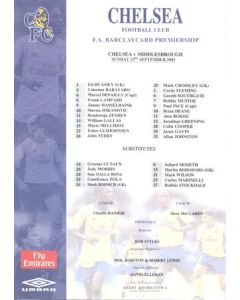 Chelsea v Middlesbrough official colour teamsheet 23/09/2001 Premier League