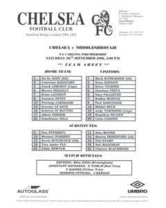 Chelsea v Middlesbrough official teamsheet 26/09/1998 Premier League