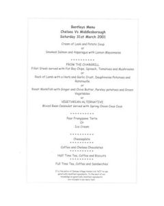Chelsea v Middlesbrough Bentley's menu 31/03/2001