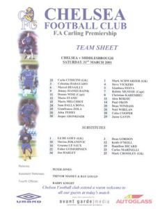 Chelsea v Middlesbrough official colour teamsheet 31/03/2001 Premier League