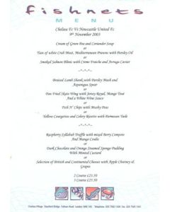 Chelsea v Newcastle United Fishnets menu 09/11/2003 Premier League