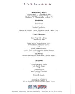 Chelsea v Newcastle United Fishnets menu 12/12/2001