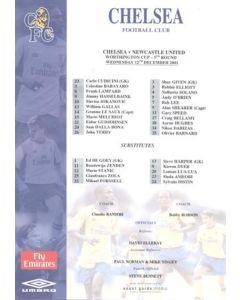 Chelsea v Newcastle United official colour teamsheet 12/12/2001 Worthington Cup
