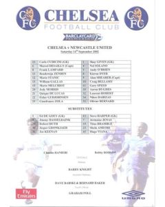 Chelsea v Newcastle United official colour teamsheet 14/09/2002 Premier League