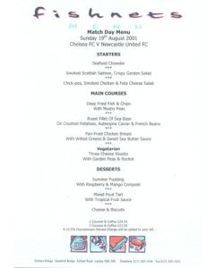 Chelsea v Newcastle United Fishnets menu 19/08/2001