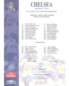 Chelsea v Newcastle United official colour teamsheet 19/08/2001 Premier League