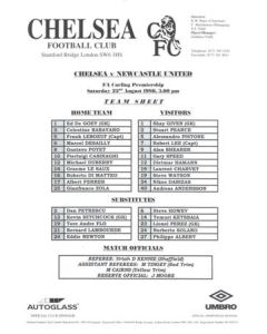 Chelsea v Newcastle United official teamsheet 22/08/1998 Premier League