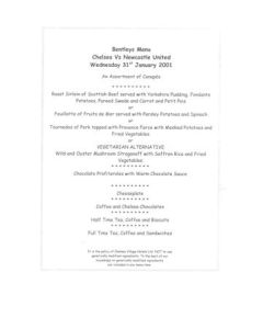 Chelsea v Newcastle United Bentley's menu 31/01/2001