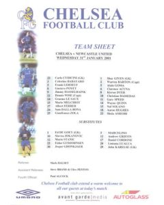 Chelsea v Newcastle United official colour teamsheet 31/01/2001