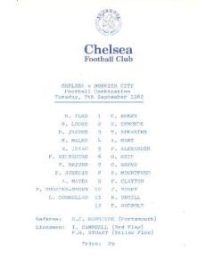 Chelsea v Norwich City official programme 07/09/1982 Reserves