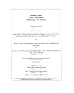 Chelsea v Norwich City Bentley's menu 16/01/2002 F.A. Cup