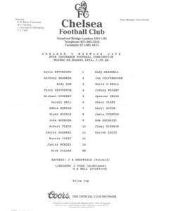 Chelsea v Norwich City Reserves official teamsheet 22/08/1994 Football Combination