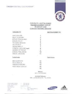 Chelsea v Nottingham Forest official programme 28/08/2009 Premier Academy League