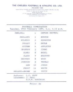 Chelsea v Oxford United official programme 26/02/1980 Reserves